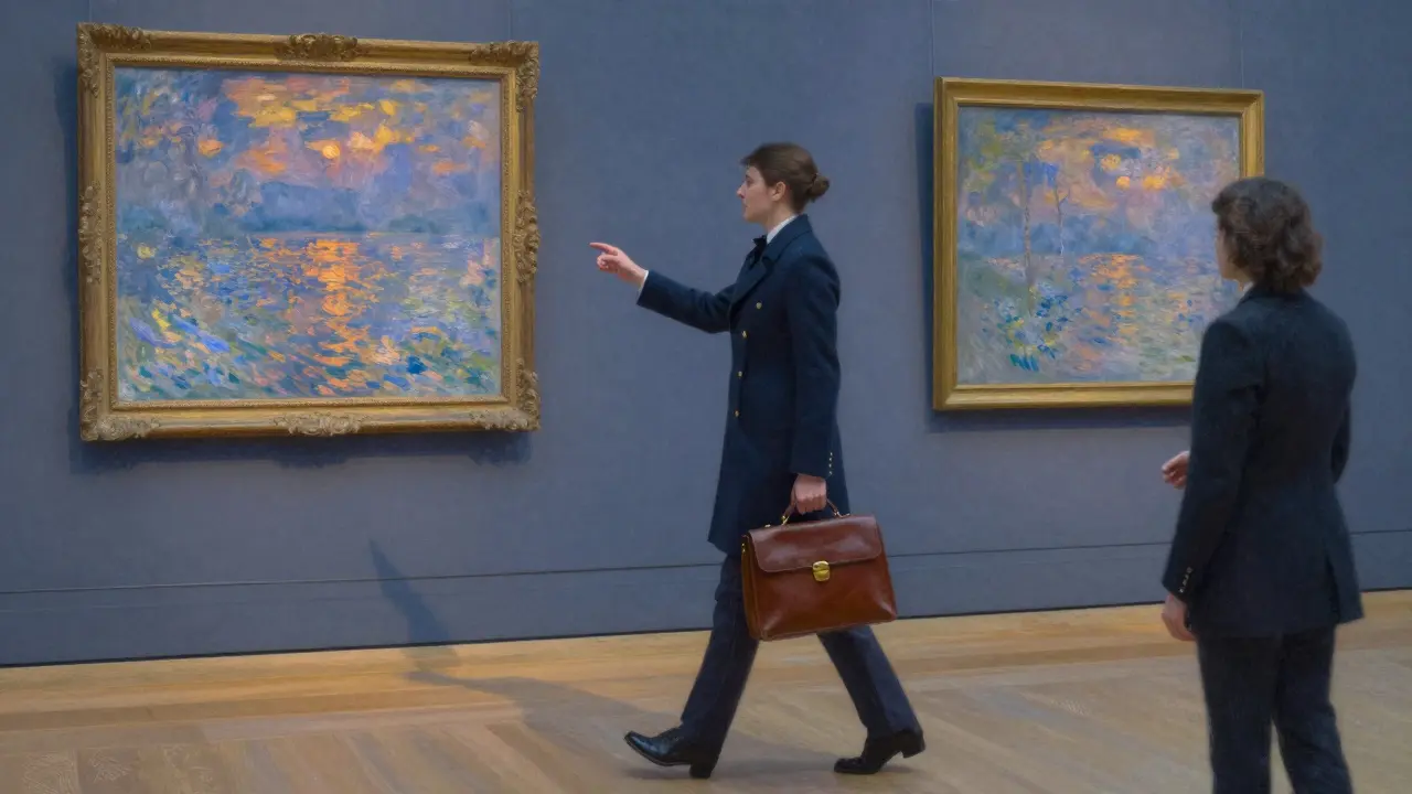 A professional companion pointing out a painting in the Musée d’Orsay, with a client listening attentively.