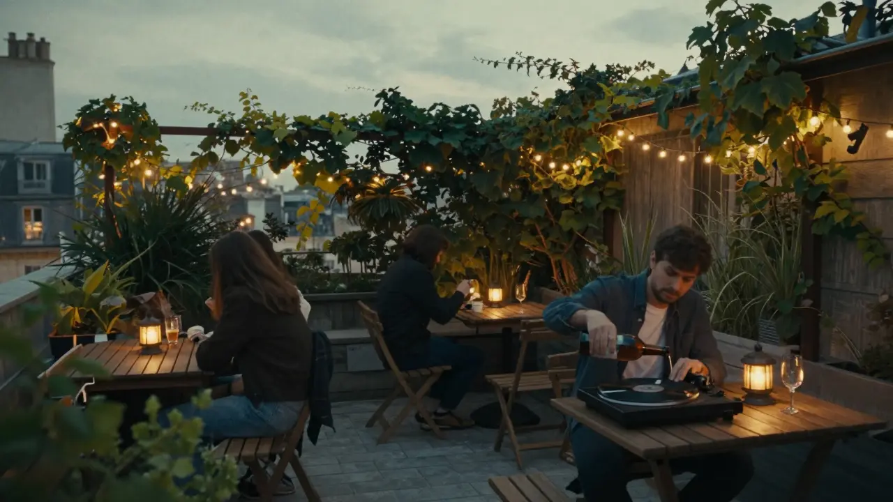 A quiet rooftop garden at dusk with string lights, ivy, and people sipping wine under the stars.