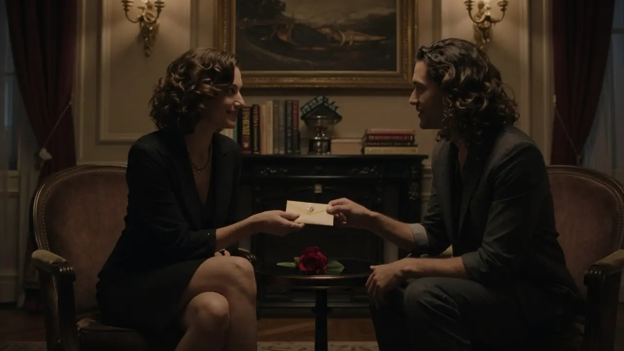 A respectful farewell in a private suite, with a rose and envelope, no physical contact.