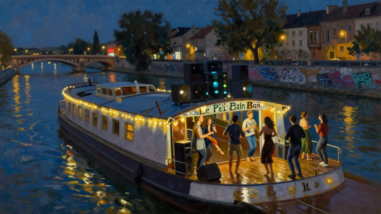 A riverside barge bar at night with people dancing under string lights to live music.