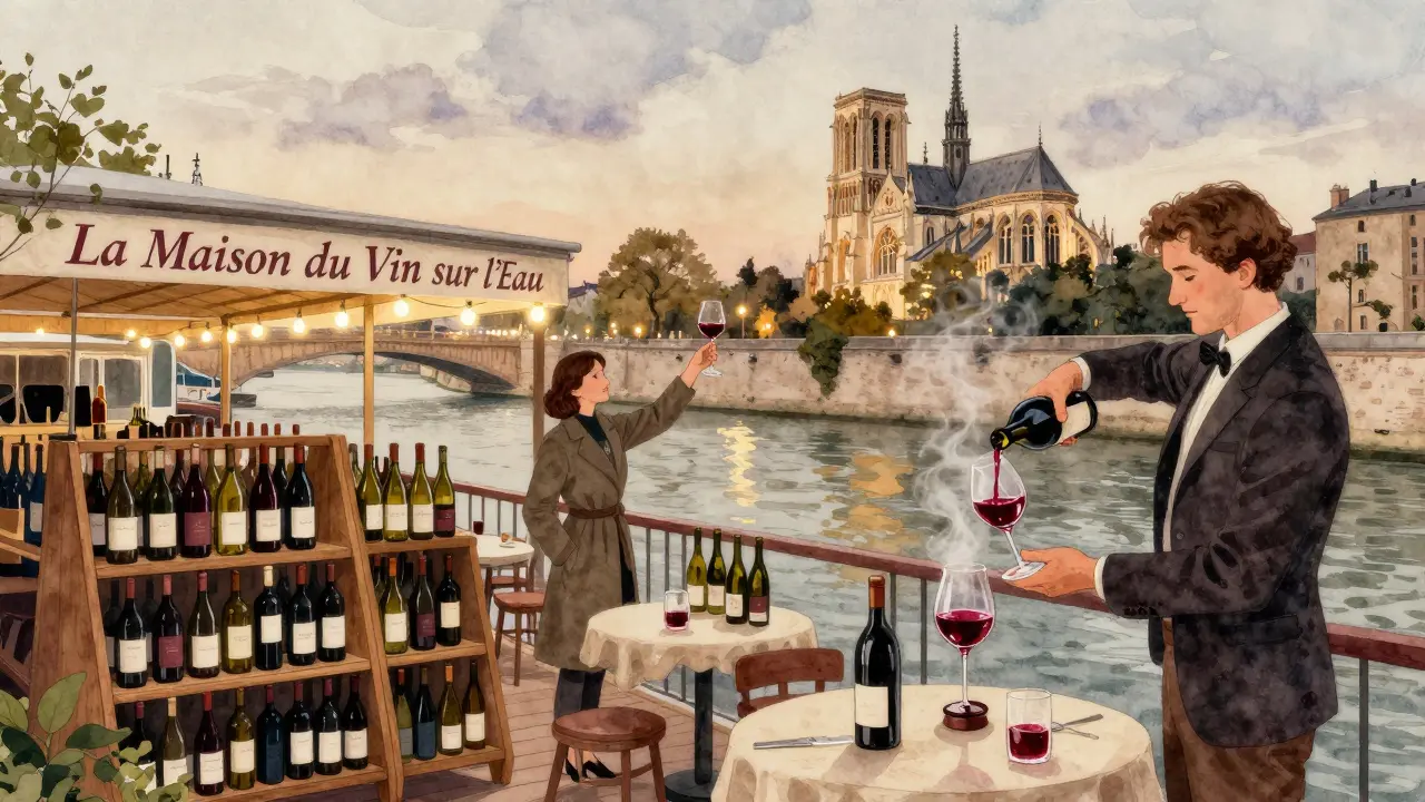 A riverside wine bar with a wraparound terrace, a sommelier pouring red wine as city lights shimmer in the dusk.