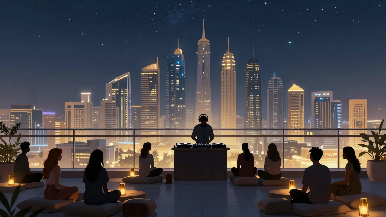 A rooftop lounge with no railing, people sitting on cushions under lanterns, Abu Dhabi’s skyline glowing below under a starry sky.