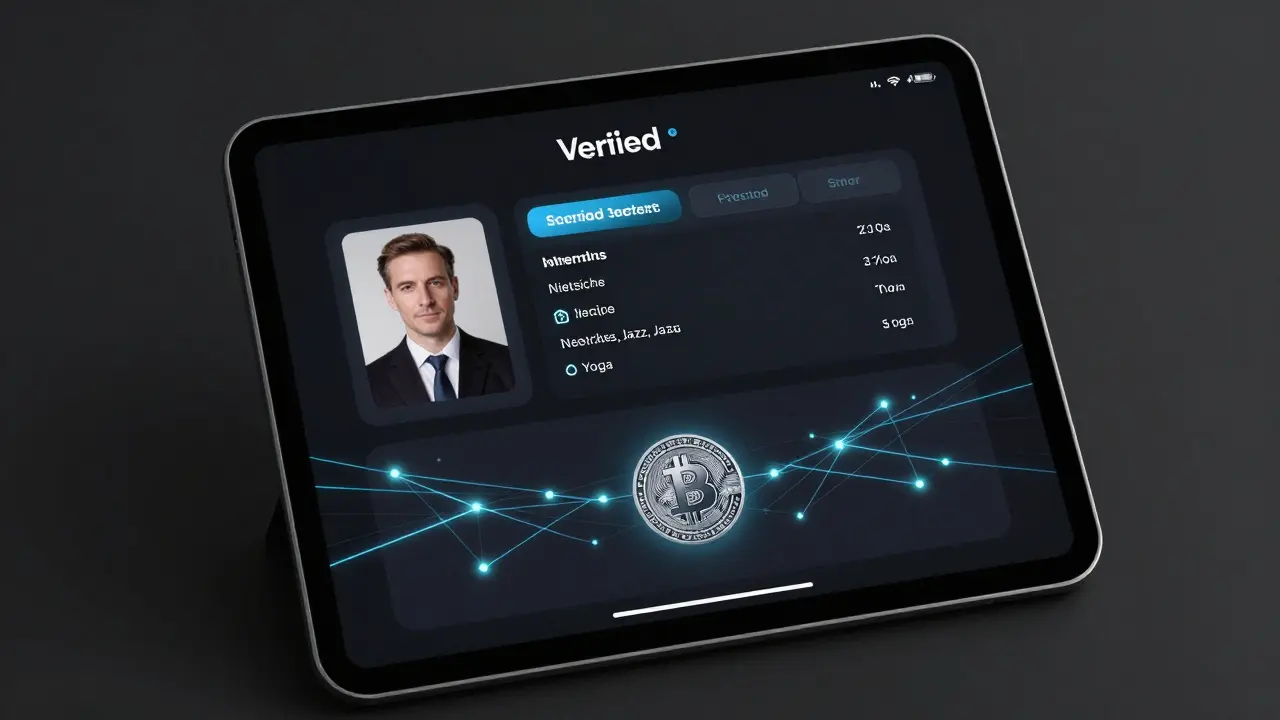 A secure escort profile on a tablet showing interests, boundaries, and encrypted booking details.