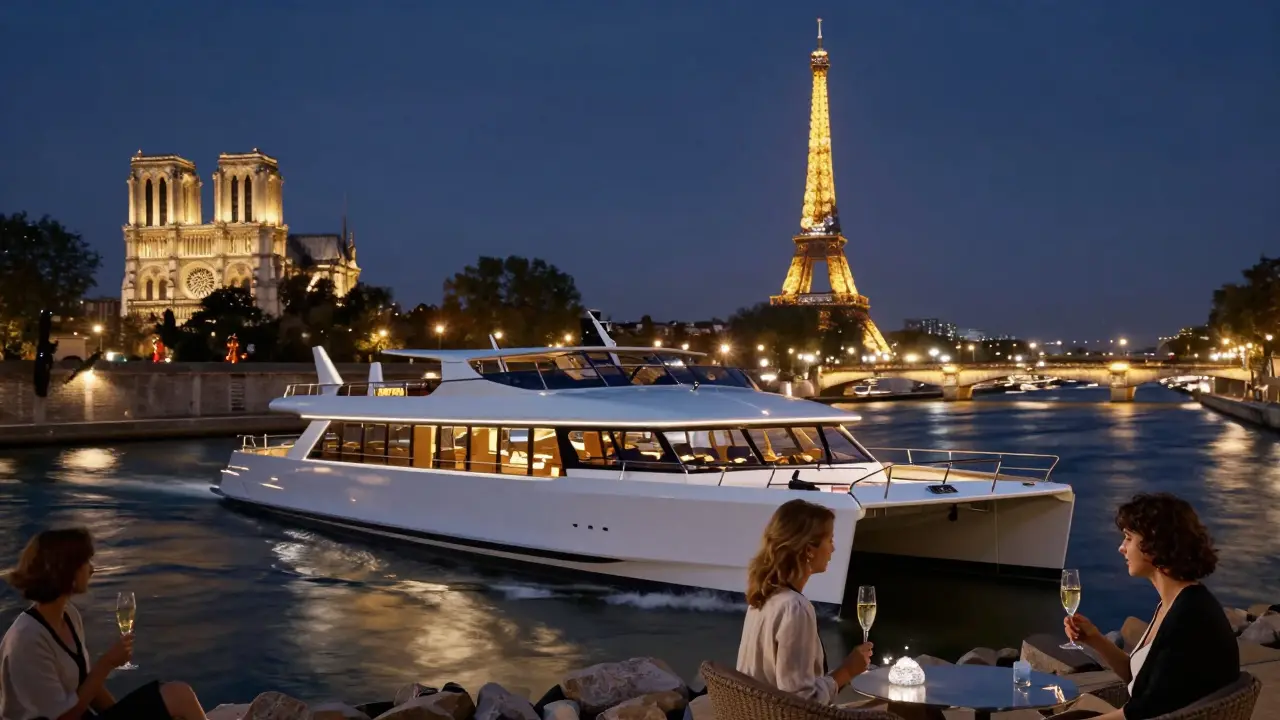 A sleek modern catamaran cruising the Seine at night, passing illuminated landmarks with passengers enjoying champagne on ice.
