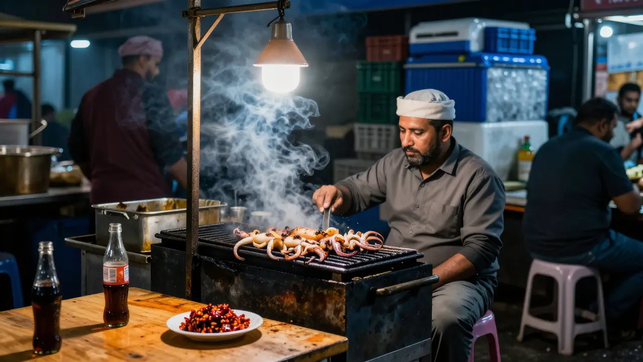 A small fish market stall at night with grilled squid sizzling under a single lamp, locals eating at plastic stools.