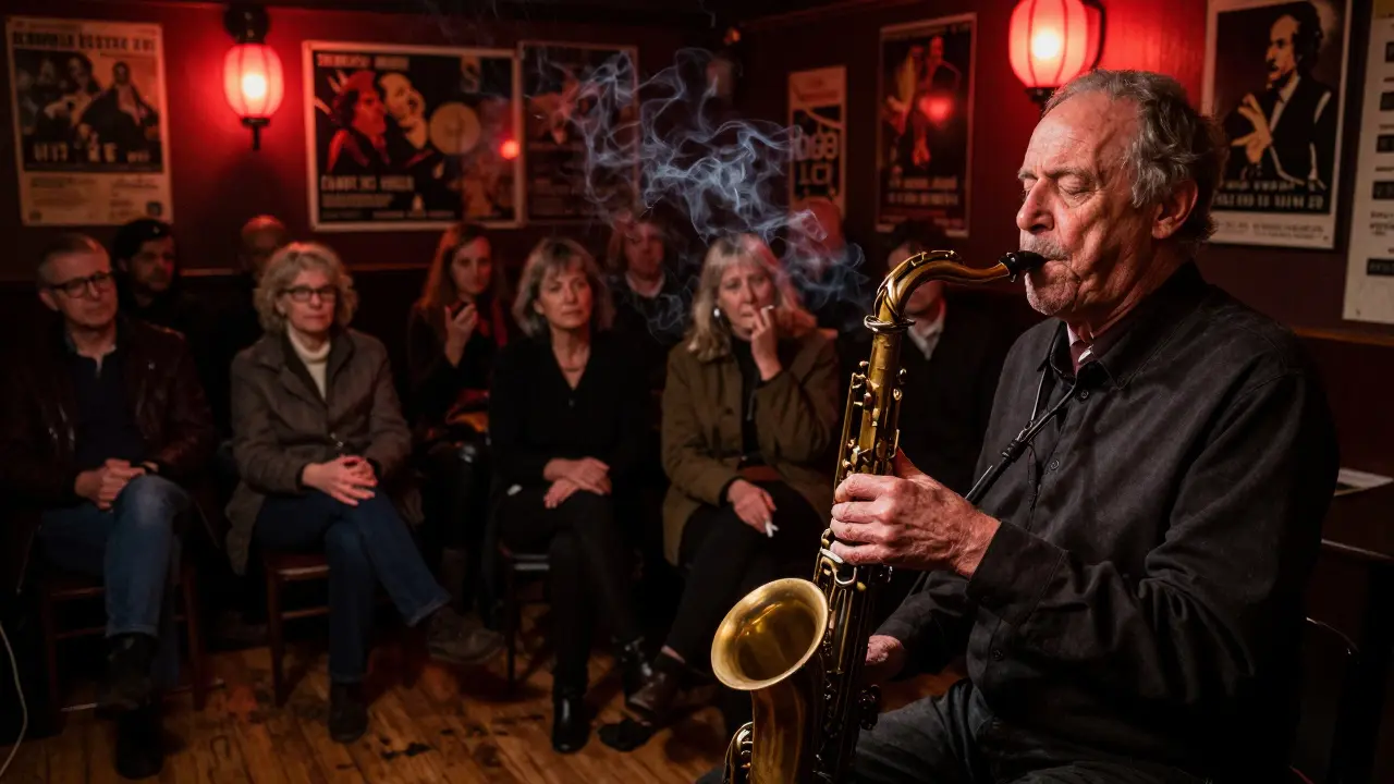 A small jazz club where an elderly saxophonist plays to a silent, packed crowd.