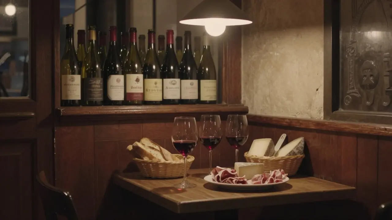 A small table with wine glasses, cheese, and bread in a cozy Parisian wine bar.