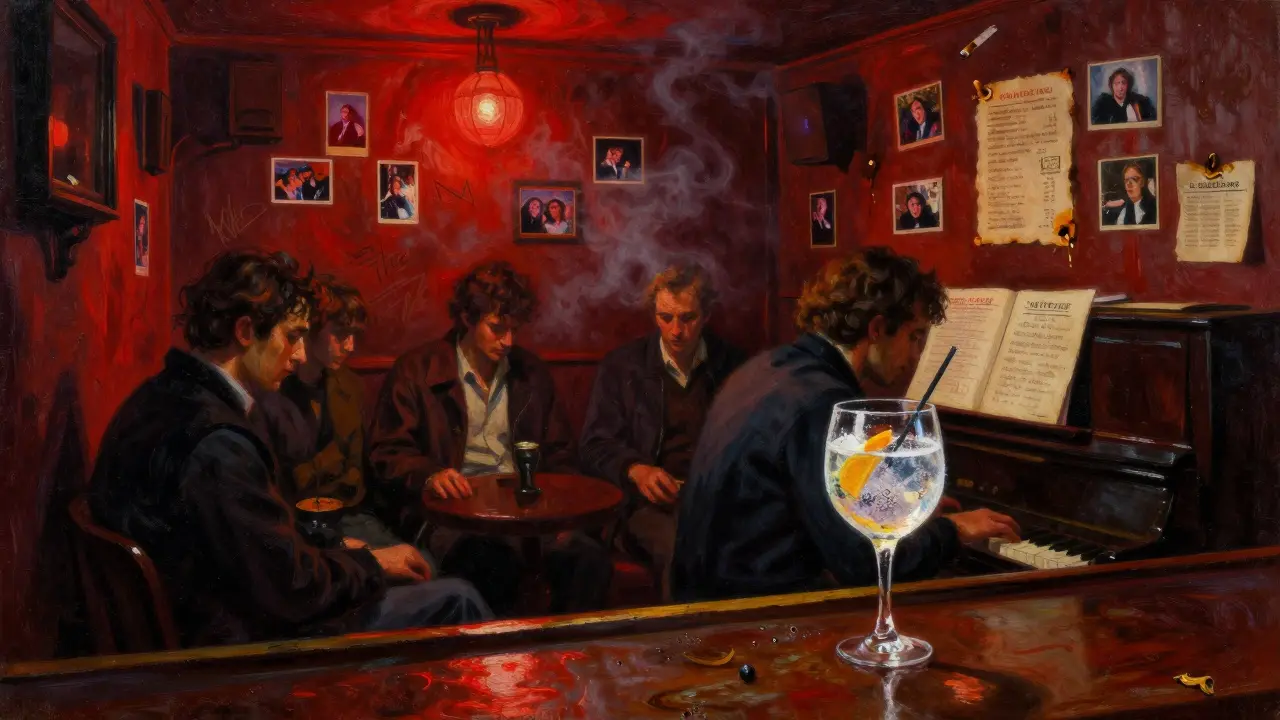 A smoky, intimate Soho bar with people leaning at the counter, piano music, and vintage decor lining the walls.