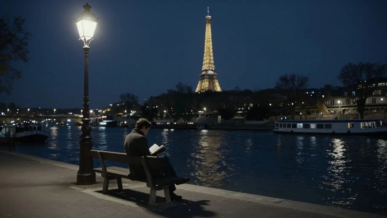 A solitary figure reading on a Seine bench at night, city lights reflecting on dark water, peaceful and still.