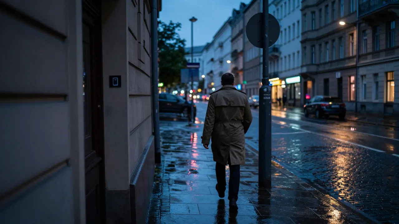 A solitary figure walks down a rainy Berlin street at dusk near a quiet residential building.