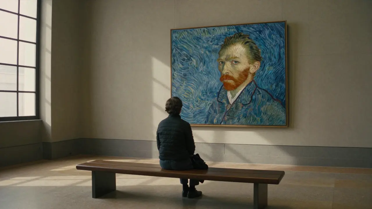 A solitary visitor absorbed in Van Gogh's self-portrait in the empty Musée d'Orsay.