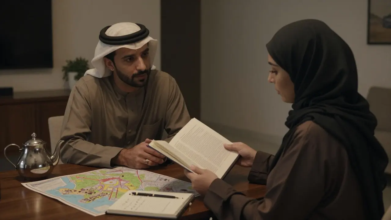 A traveler and companion studying Emirati culture together in a quiet apartment, surrounded by guidebooks and notes.