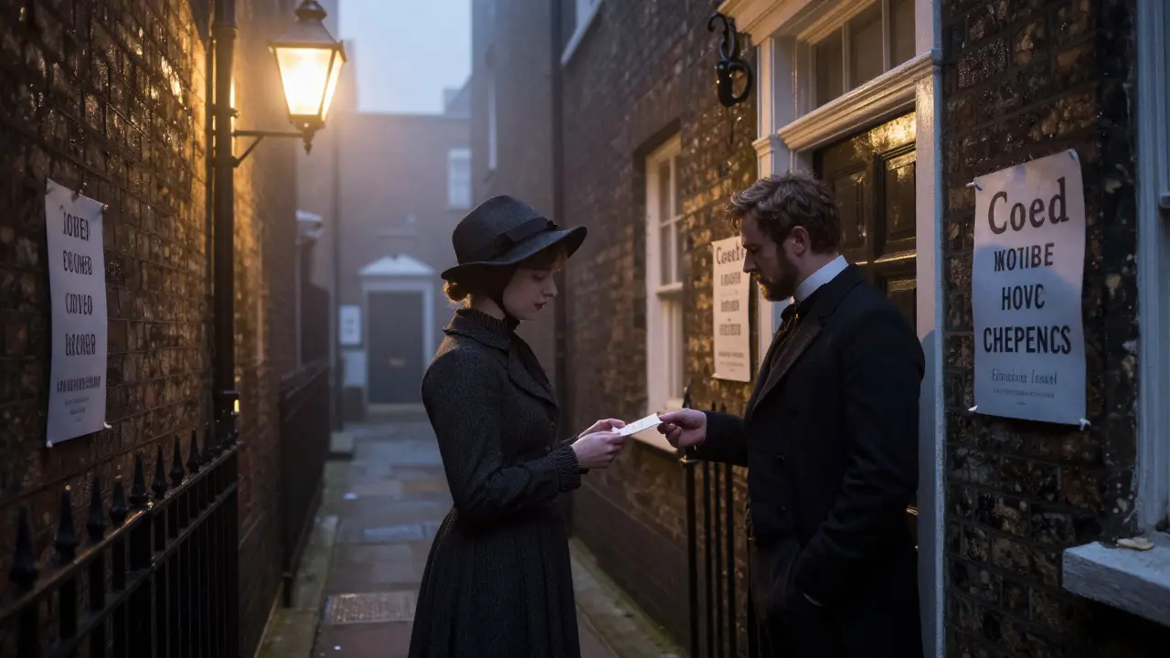 A Victorian woman handing a note to a gentleman in a foggy Soho alley, gas lamps glowing beside a boarding house.