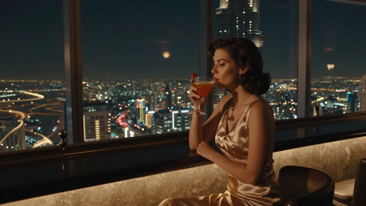 A woman enjoying a cocktail at the world's highest bar with Dubai's city lights stretching endlessly below.