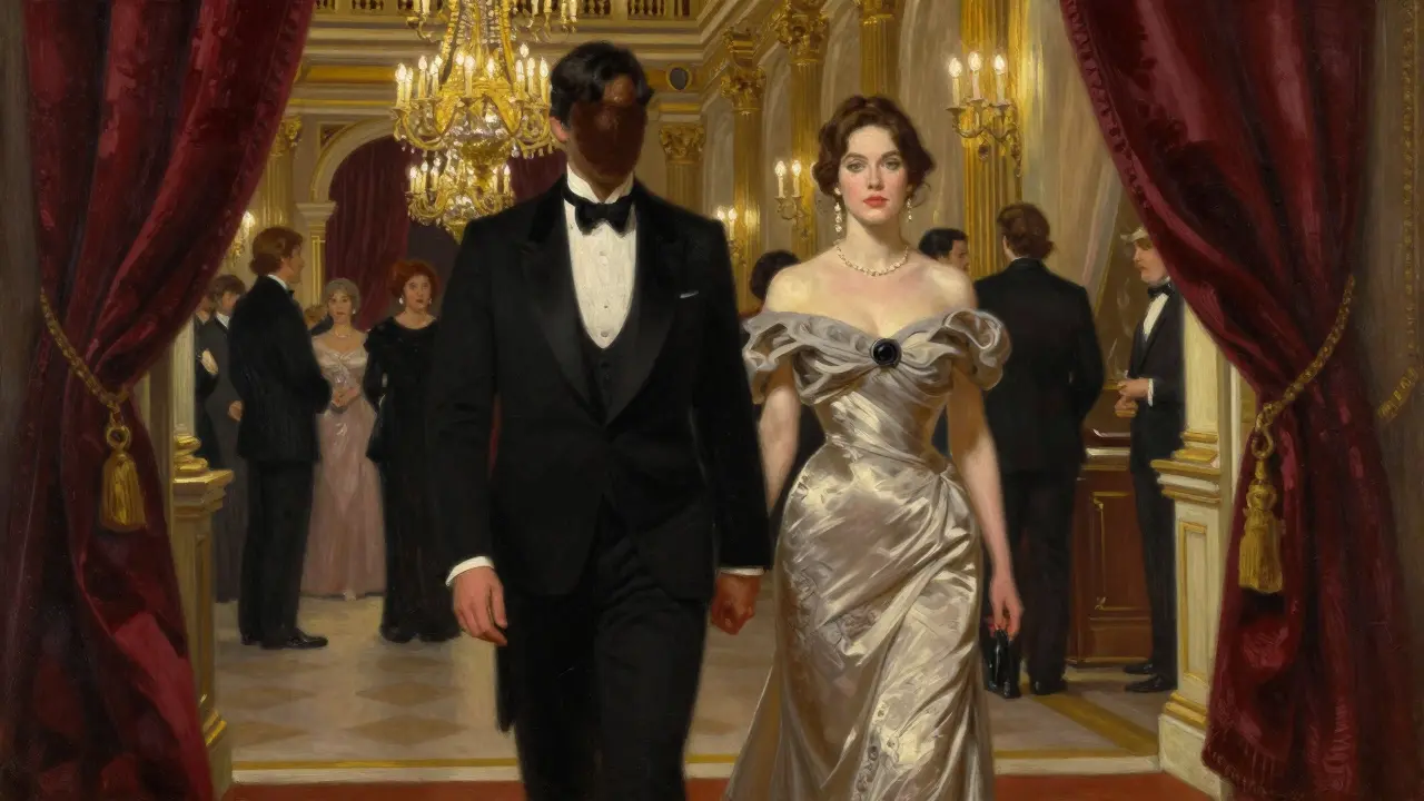 A woman in an elegant gown enters the Royal Opera House gala, blending seamlessly into the elite crowd.