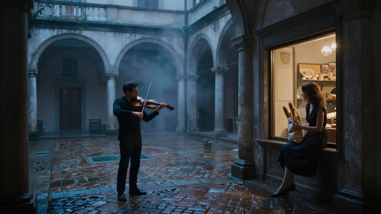 A woman listens to a violinist in a misty Milan courtyard, holding fresh bread from a hidden bakery at twilight.