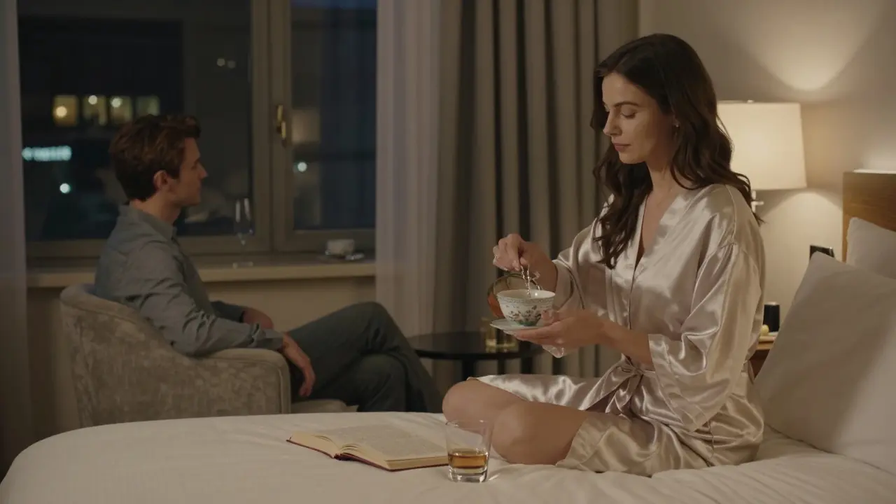 A woman pours tea in a quiet hotel room while a man gazes out the window—peaceful, intimate moment.
