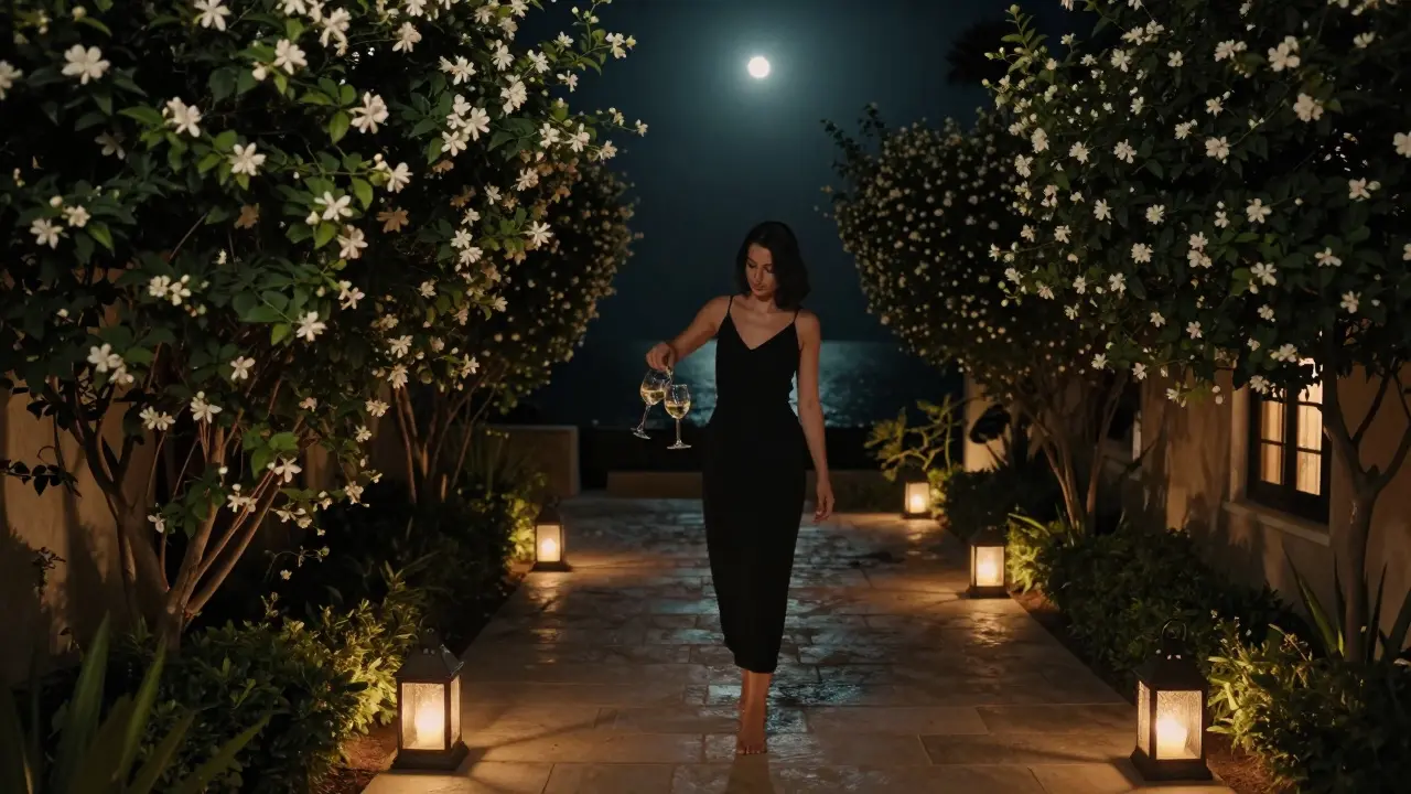 A woman pours wine in a moonlit garden, surrounded by lanterns and jasmine.
