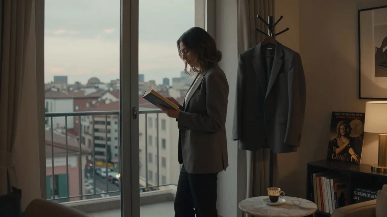 A woman standing by a window in a Milan apartment, surrounded by books and a quiet, elegant interior.