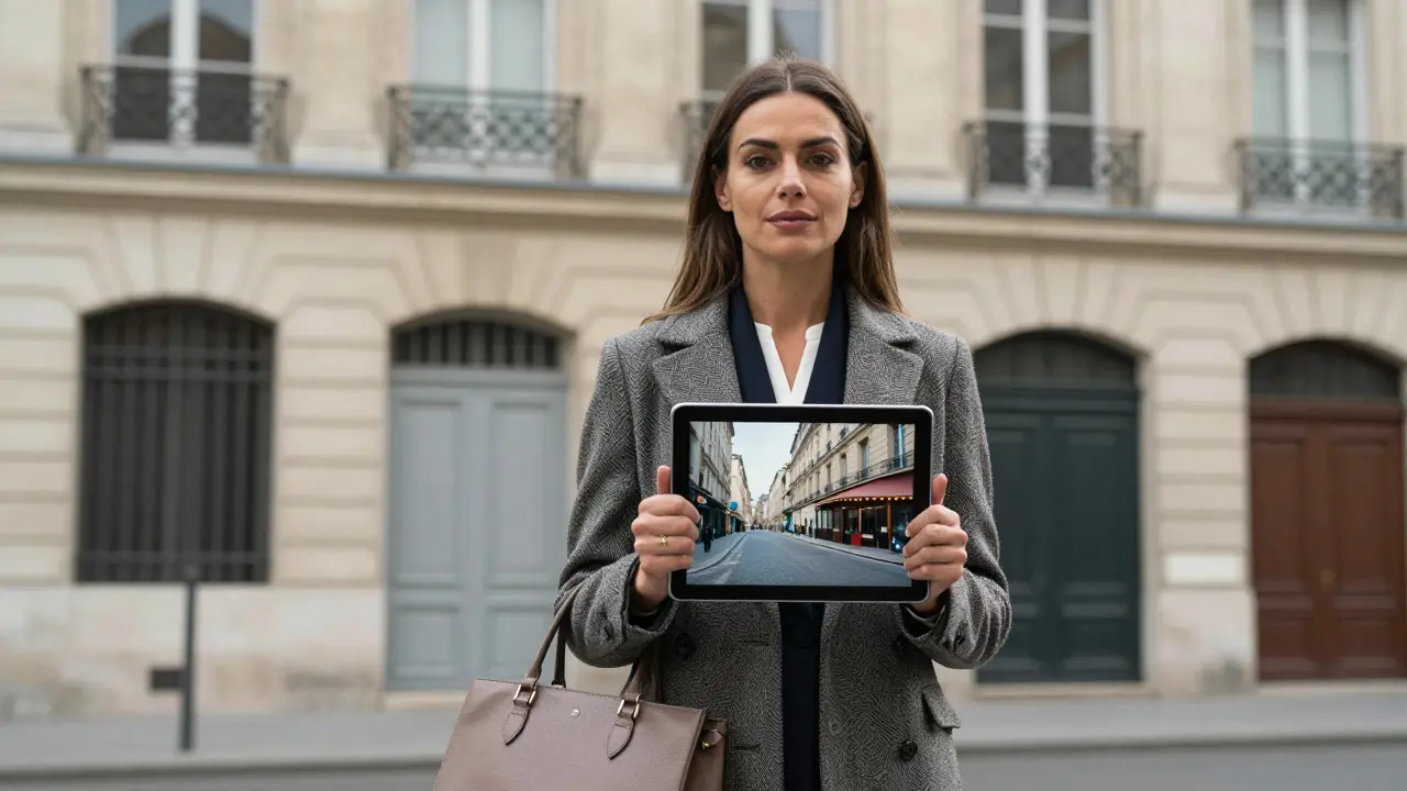 A woman standing outside a Parisian building with real background photos displayed on a tablet.