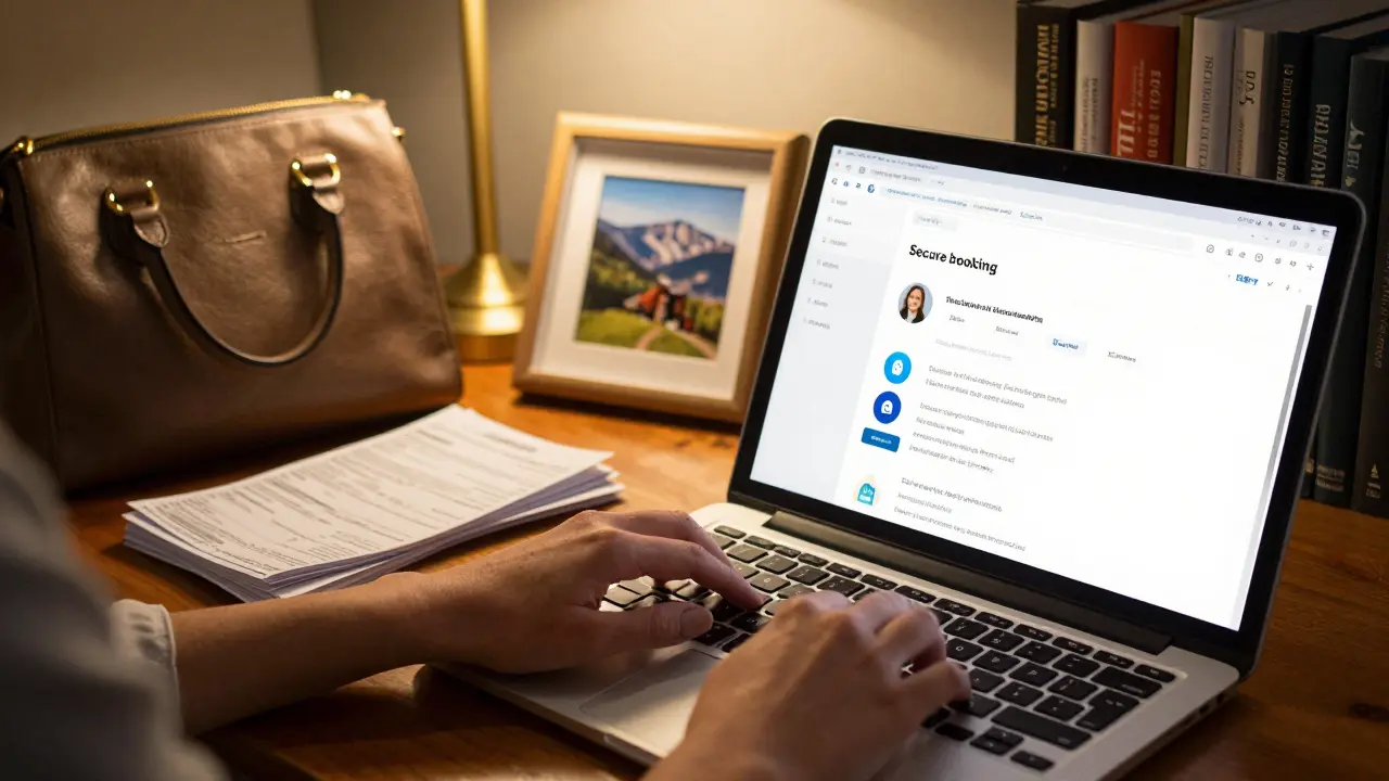 A woman types on a laptop in a study, surrounded by tax documents and travel photos, working securely on a booking platform.