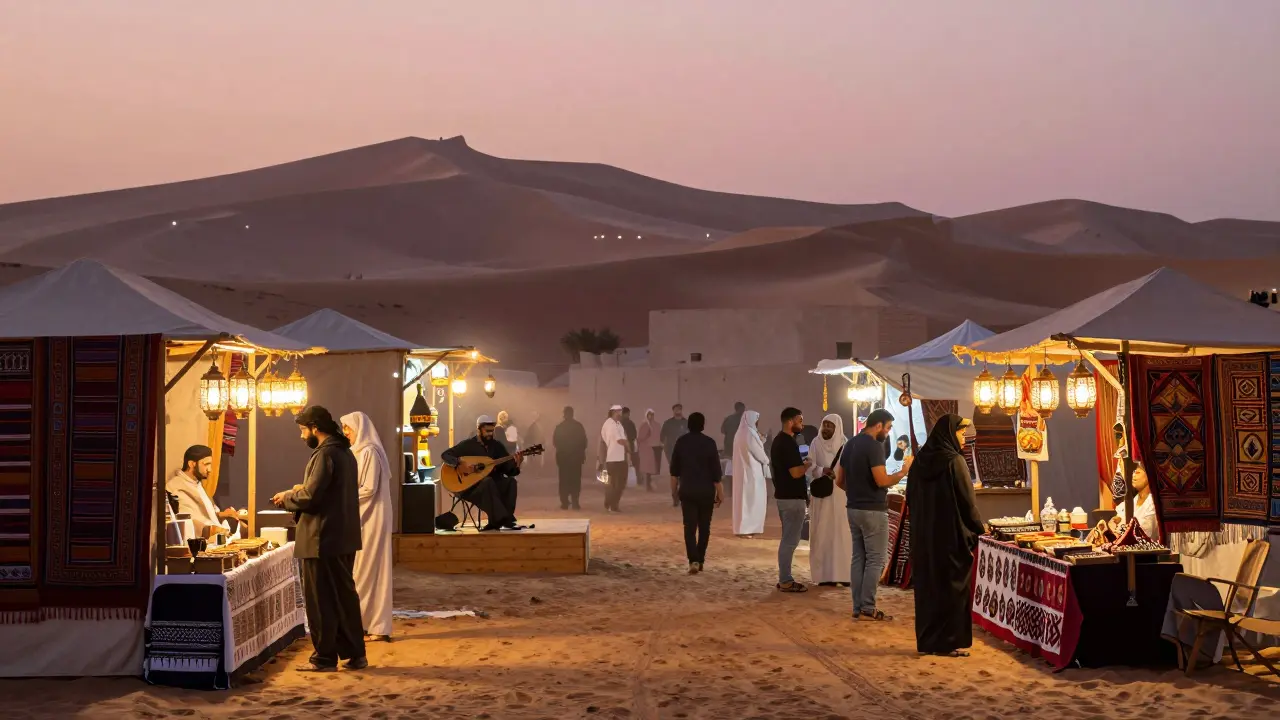 Al Ain Night Market with lanterns, food stalls, live music, and desert dunes under twilight glow.