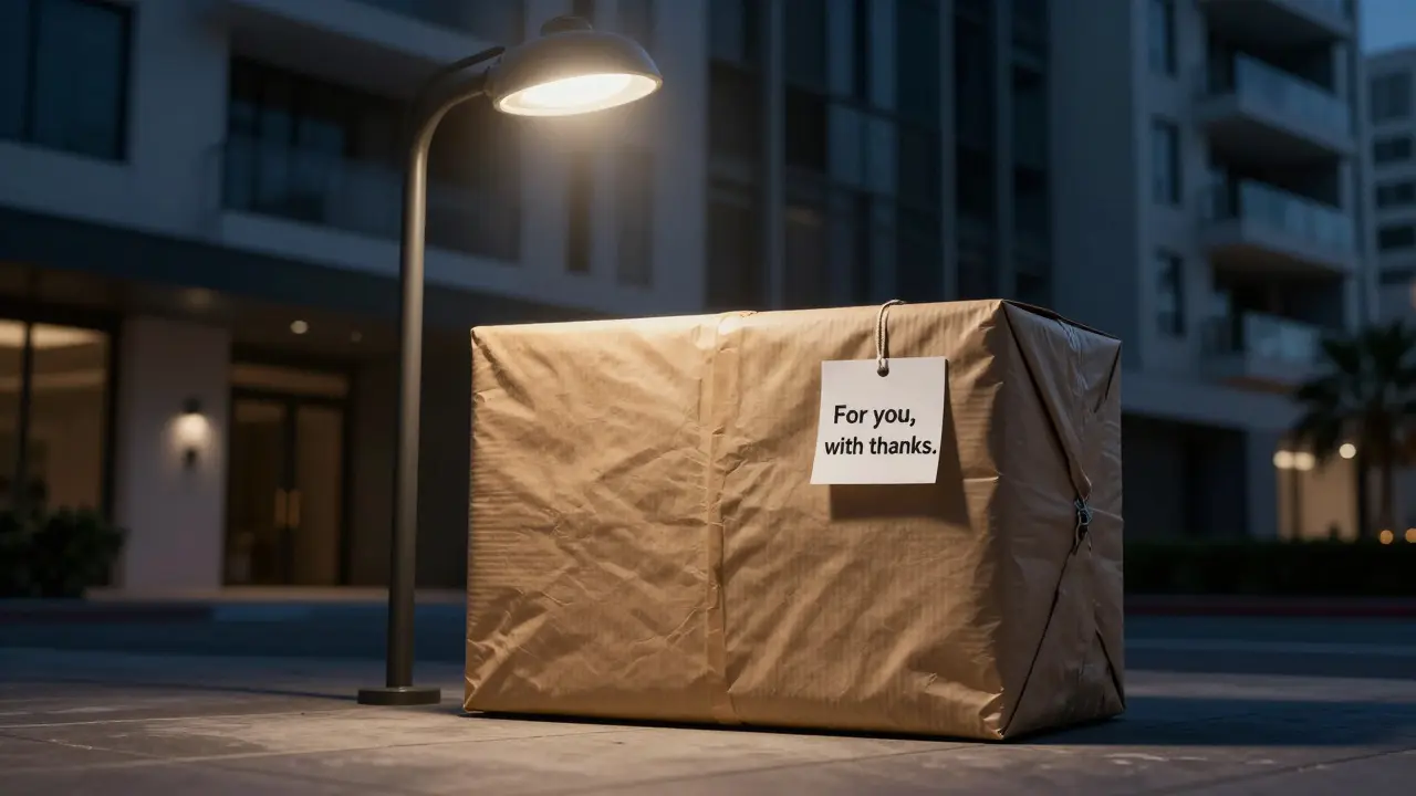 An anonymous package left at a luxury Dubai apartment entrance at night.