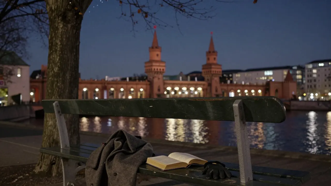 An empty bench by the river with a book and glove, under a starry Berlin sky after a quiet evening.