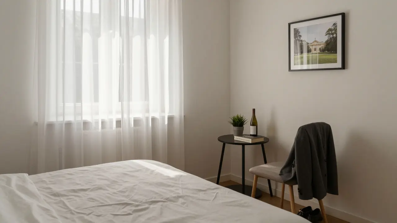 An empty boutique hotel room at dawn, with wine, a book, and a plant left behind.
