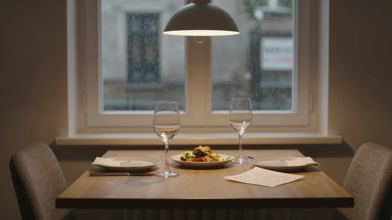 An empty dining table set for two with wine glasses and a handwritten note, rain on the window.