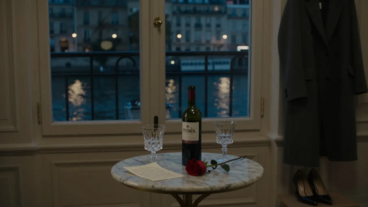 An empty elegant apartment in Paris with a rose, wine, and handwritten note on display.
