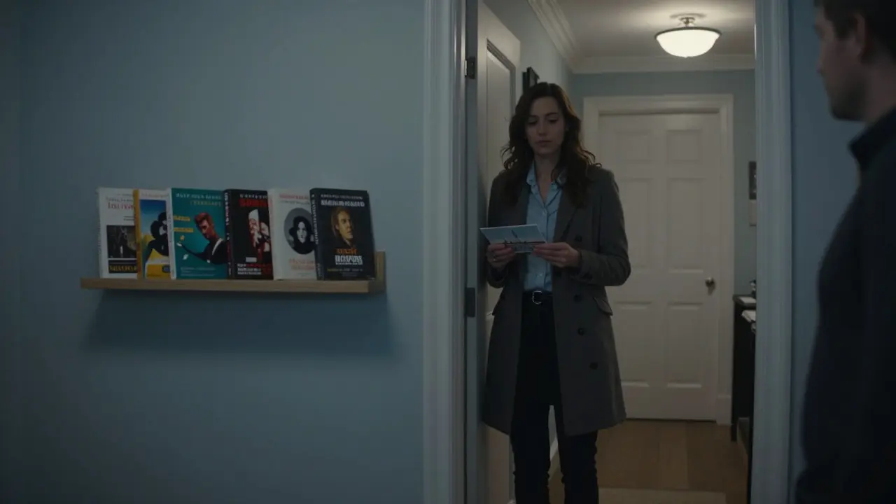 An escort stands by a door holding a postcard, a shelf of books behind her symbolizing a meaningful connection.