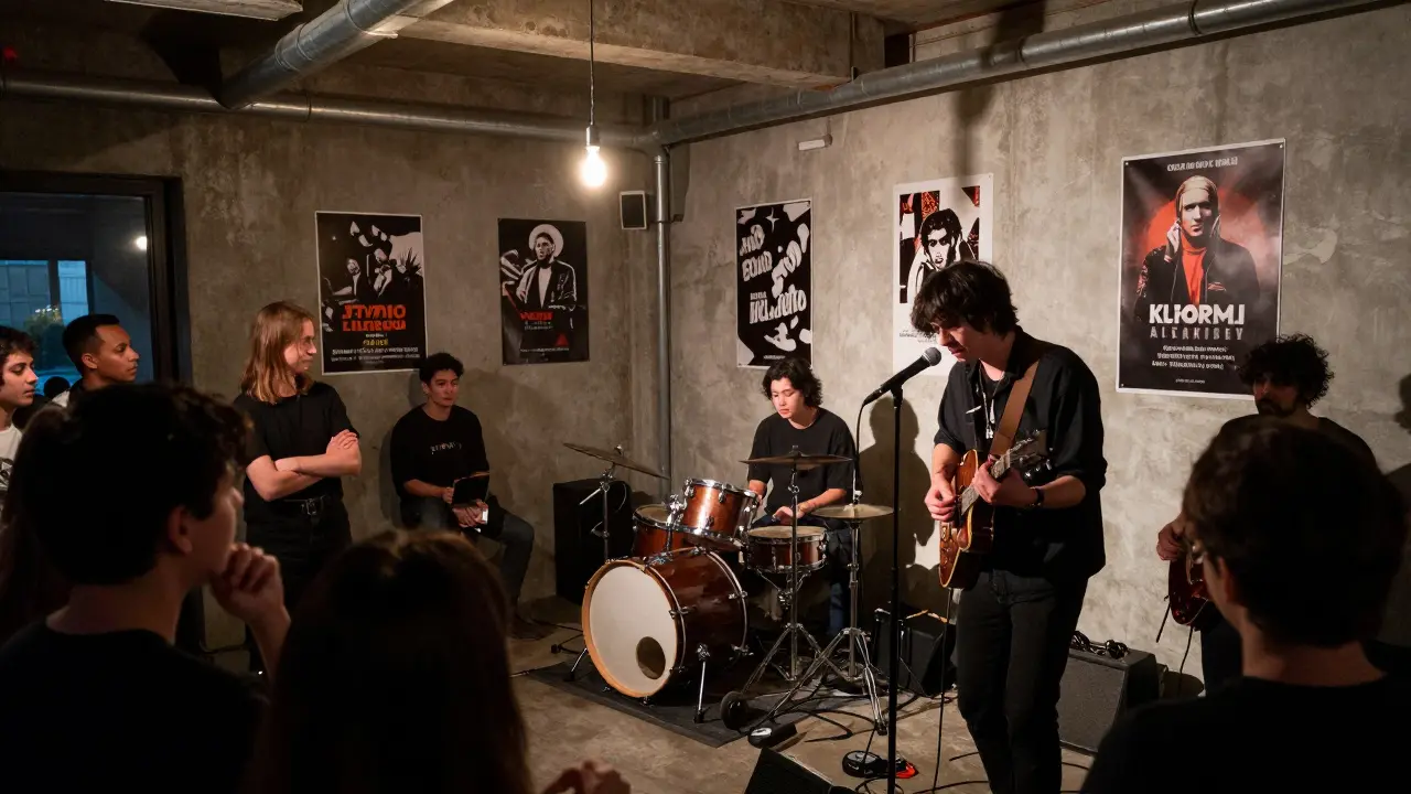An indie band performing live on concrete floor in an industrial arts space with close audience.