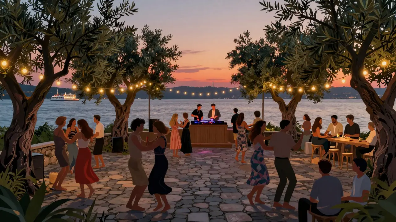 An open-air club on a rocky island at sunset, people dancing among olive trees with the sea glowing in the background.