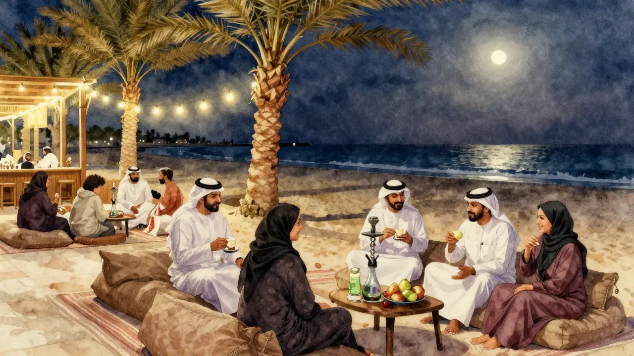 Beachside shisha lounge at night with string lights, people relaxing under palm trees by the water.