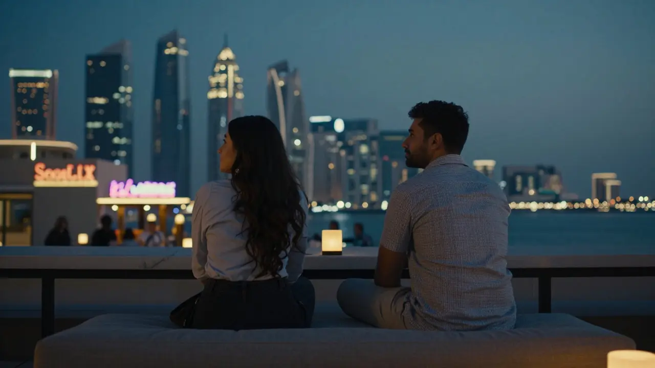 Couple sitting calmly at a rooftop bar in Abu Dhabi at dusk, enjoying city lights.