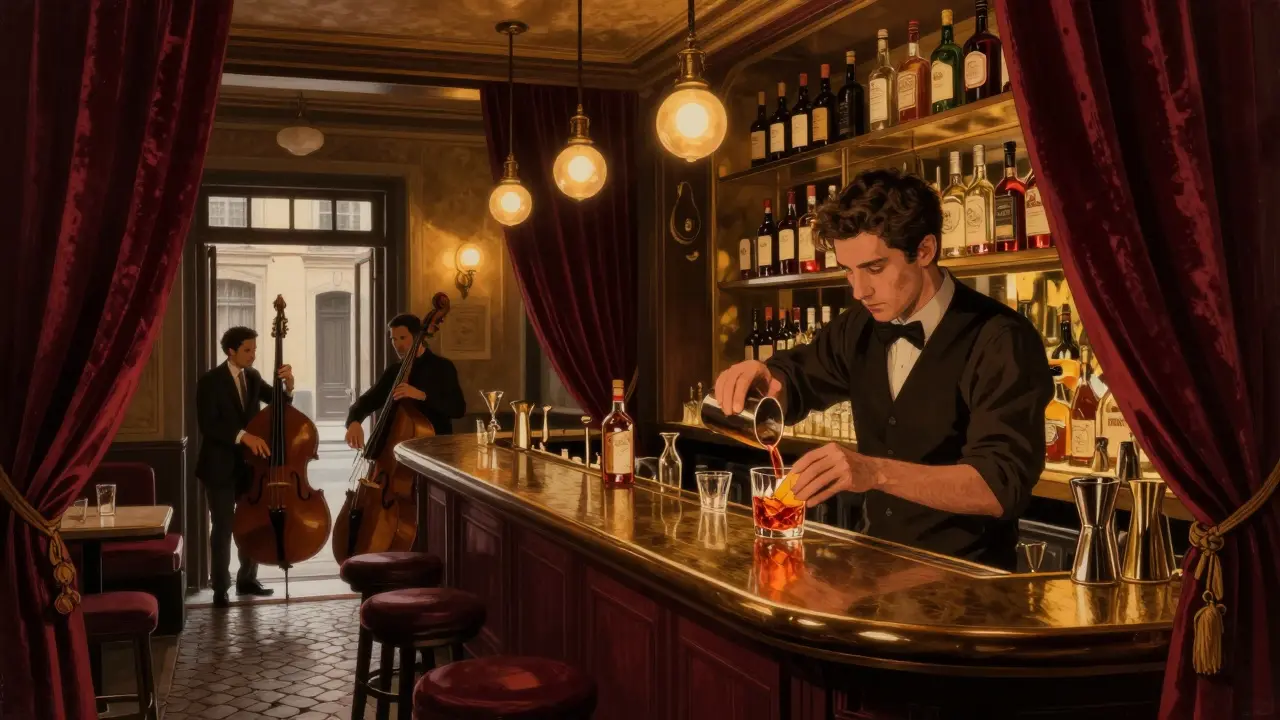 Cozy Brera bar with velvet curtains, bartender making a negroni, soft jazz music in the background.