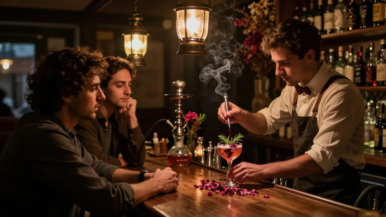 Cozy dimly lit bar with a bartender mixing craft cocktails, smoke curling softly in the quiet night air.