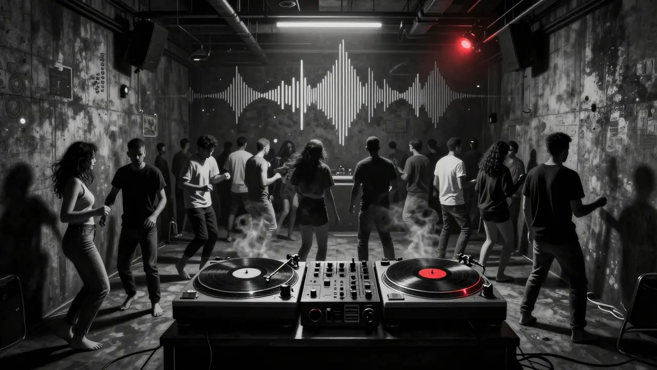 Crowd dancing in a dim, industrial underground club with no decorations, pure focus on music and movement.