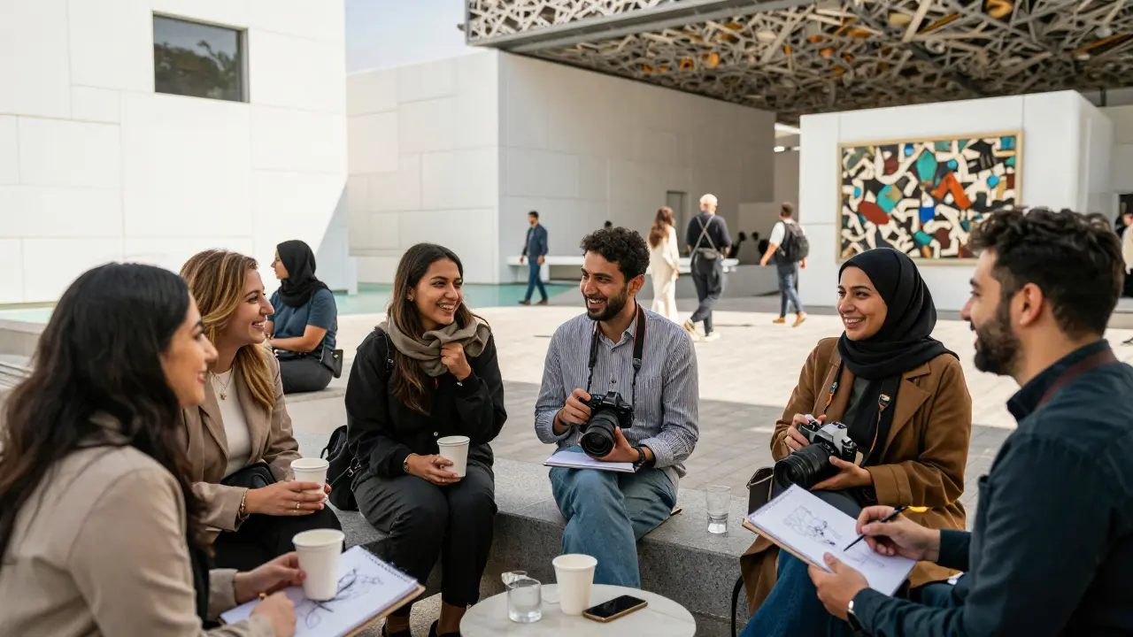 Diverse people socialize with coffee and cameras at Louvre Abu Dhabi’s courtyard during daylight.