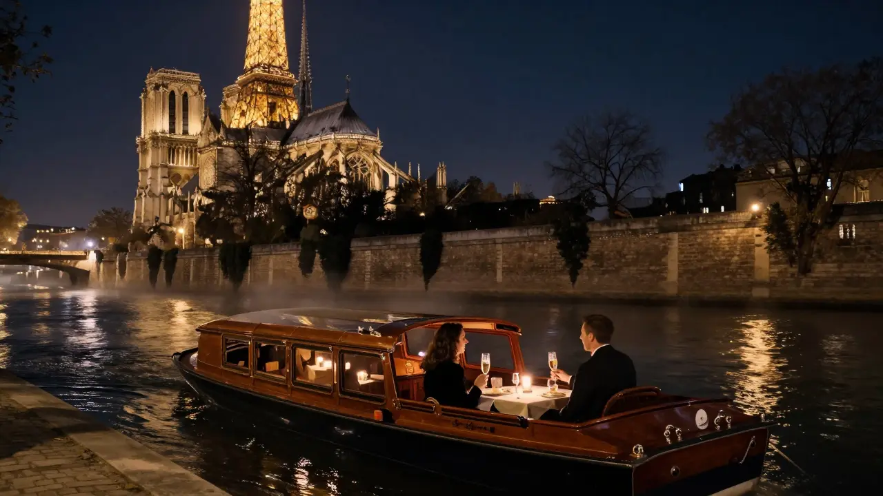 Elegant floating barge on the Seine with guests enjoying champagne under the sparkling Eiffel Tower.