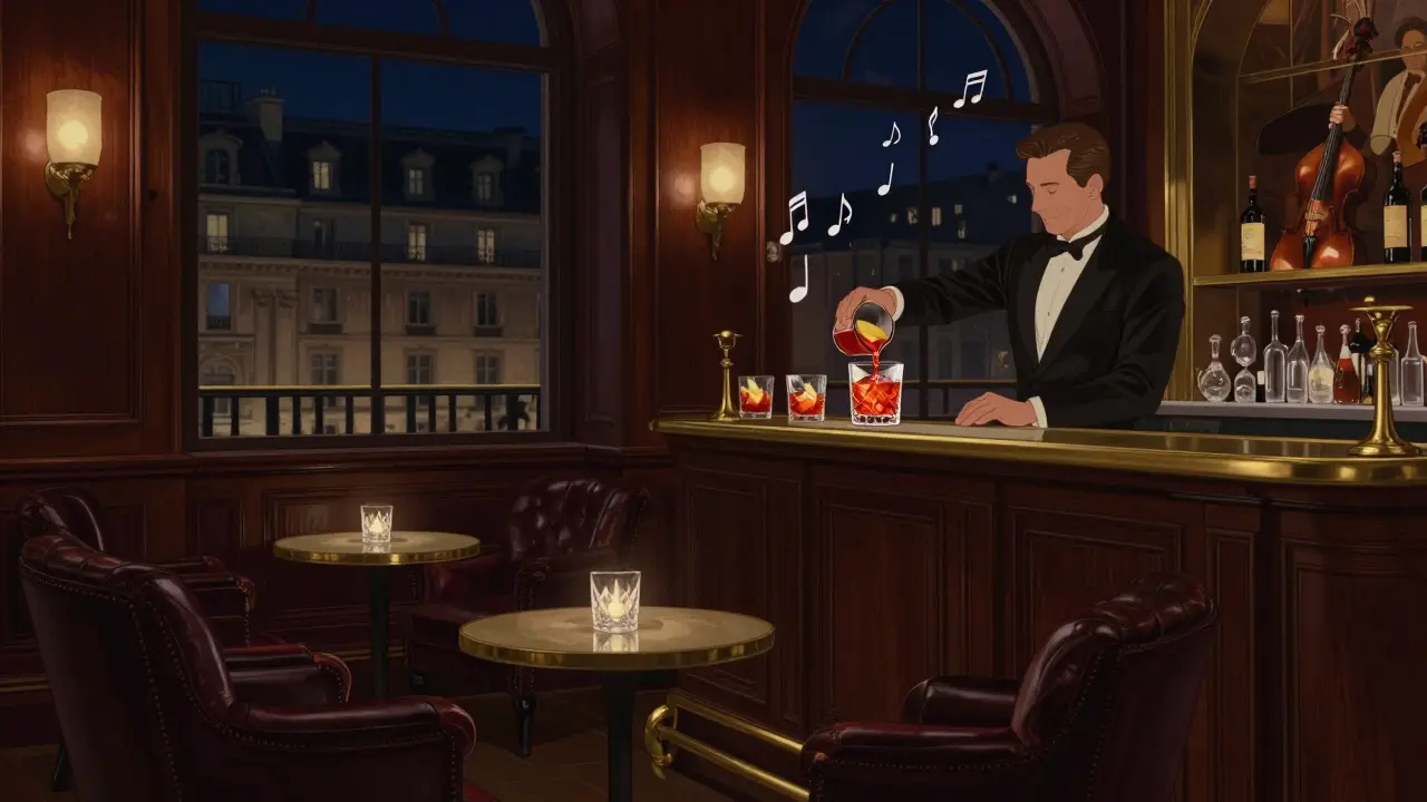 Elegant lounge with dark wood, leather chairs, and a bartender pouring a cocktail in soft light.