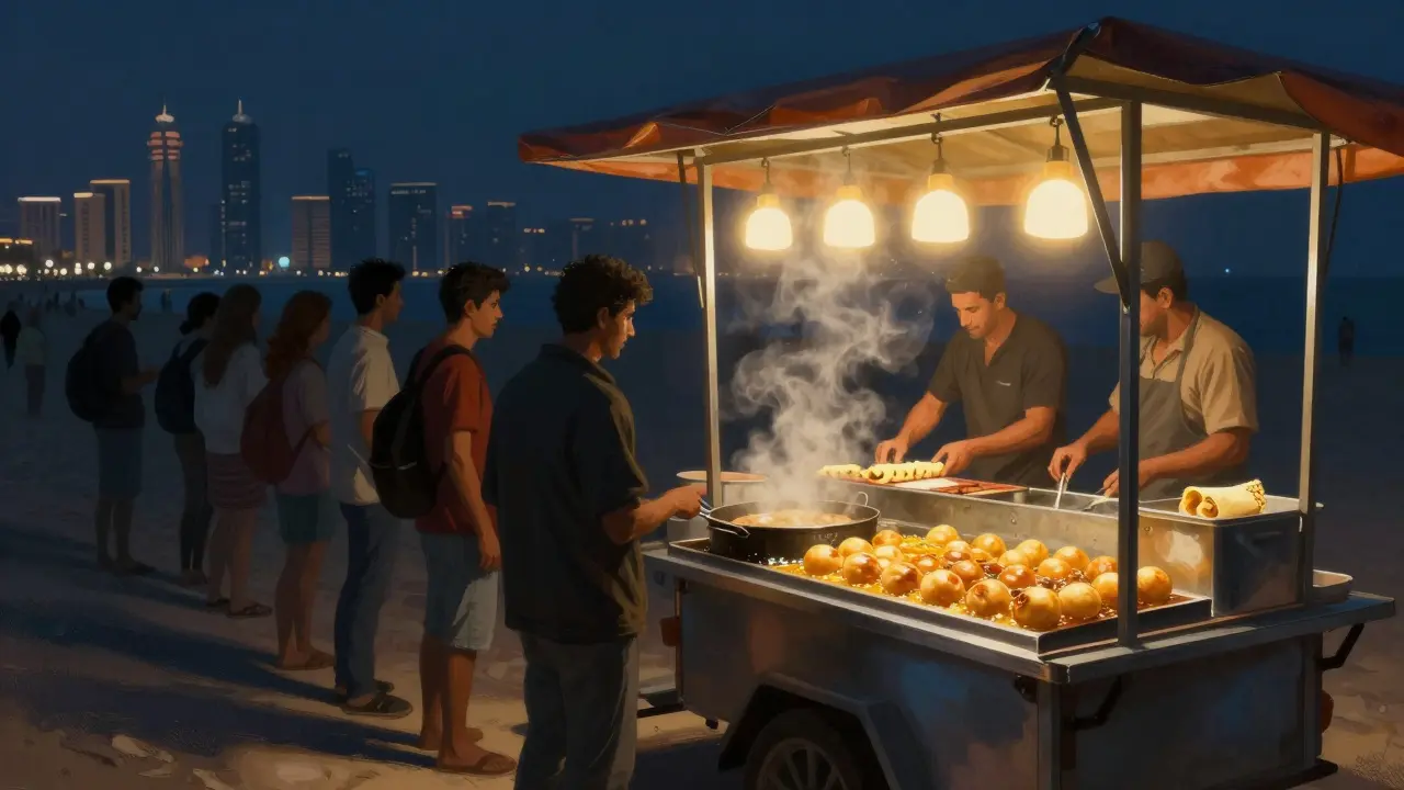 Food trucks at midnight serving sweet fried dough and shawarma under glowing lights.