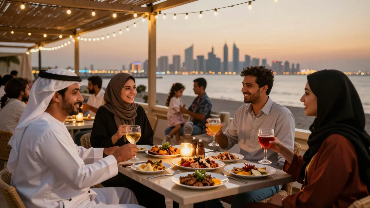 Friday night terrace with families and friends dining under fairy lights in Abu Dhabi.