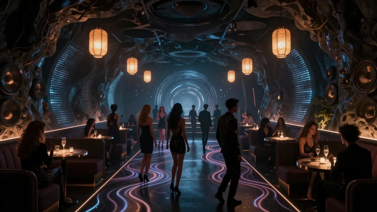 Futuristic nightclub interior with glowing LED walls and floating lanterns above a dance floor.