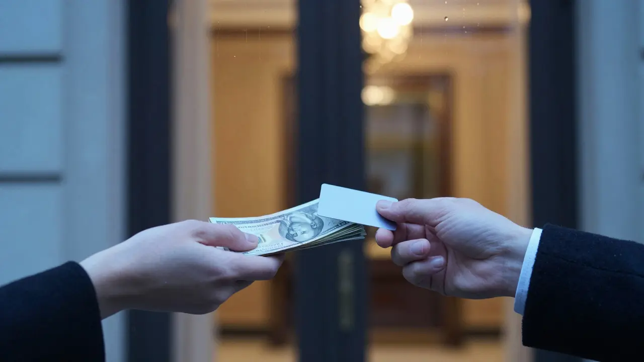 Hands exchanging cash and a hotel keycard against a blurred luxury door.