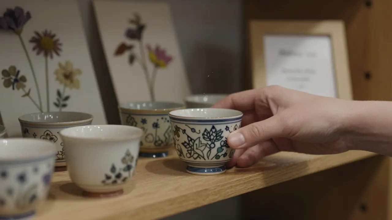 Hands placing a hand-painted ceramic cup on a shelf with pressed flowers nearby.