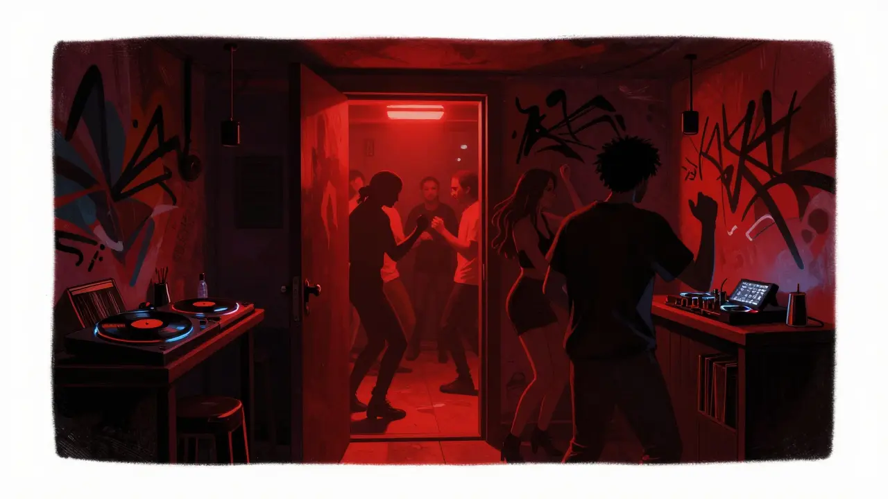 Hidden basement bar with dim red lighting and people dancing to house music.