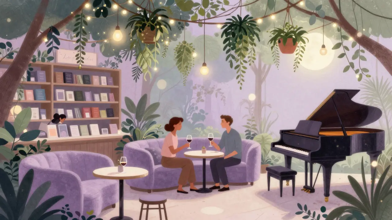 Hidden garden lounge with fairy lights, velvet couches, and soft piano music under a canopy of plants.