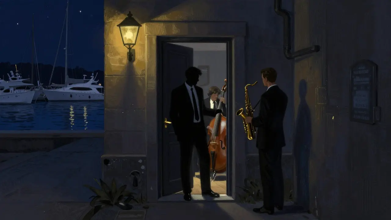 Hidden nightclub entrance in a narrow alley with a bouncer and a glimpse of jazz light spilling out.